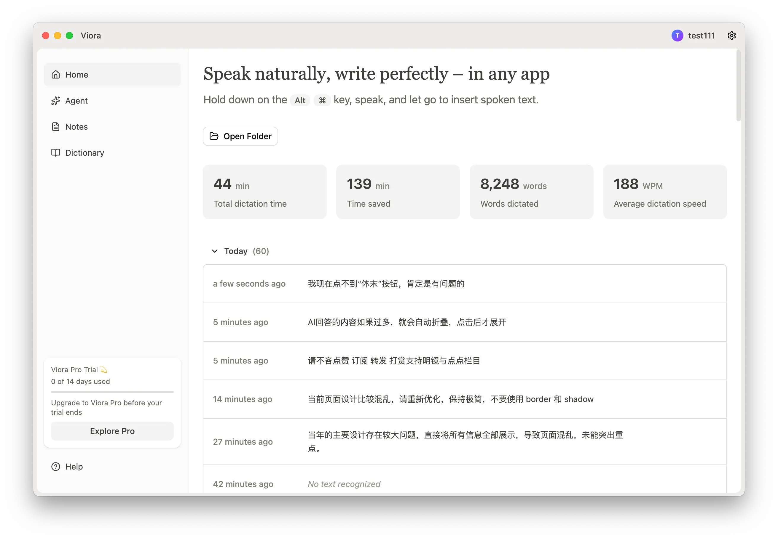 Speech Input Statistics and Notes Management Interface