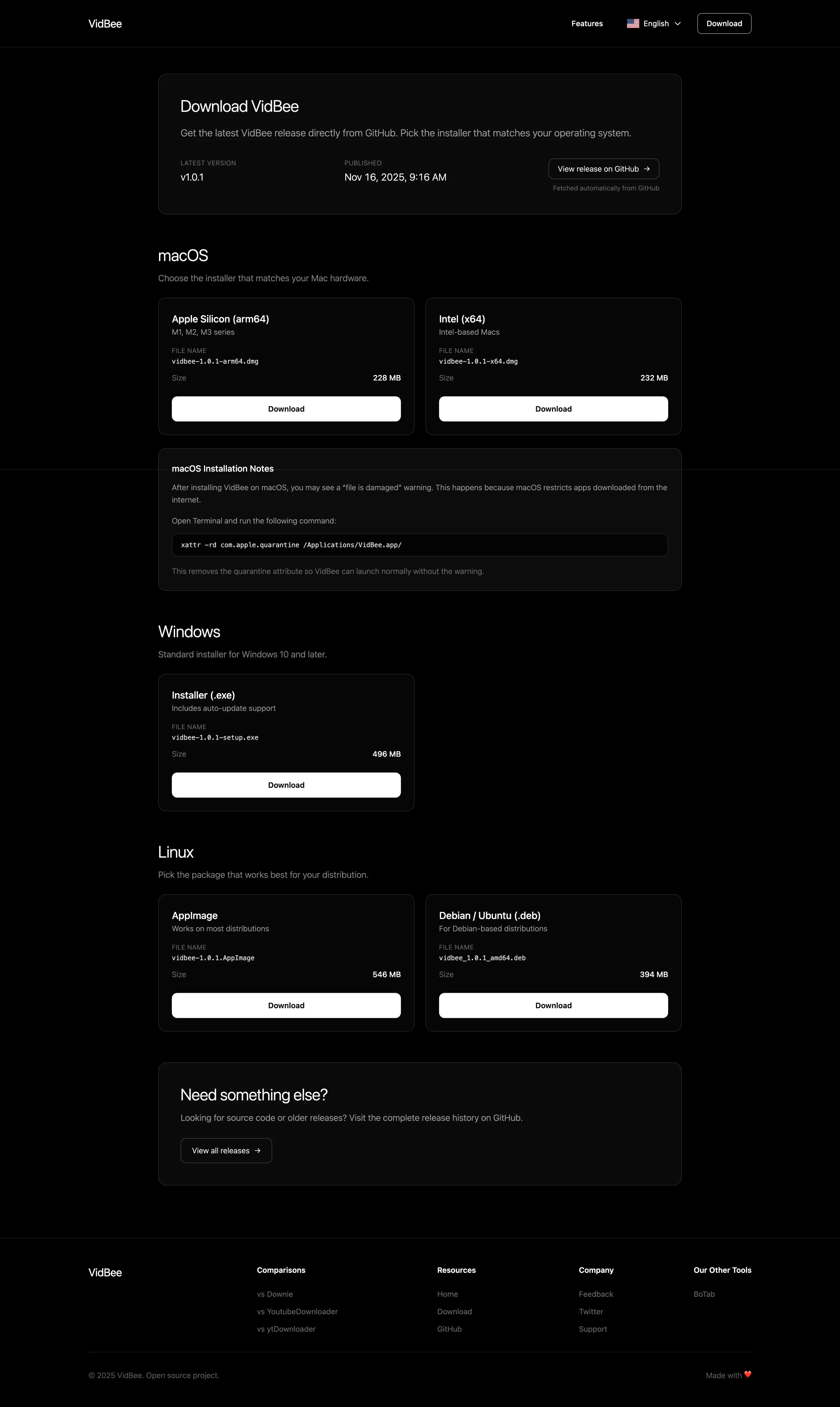 VidBee Download Page