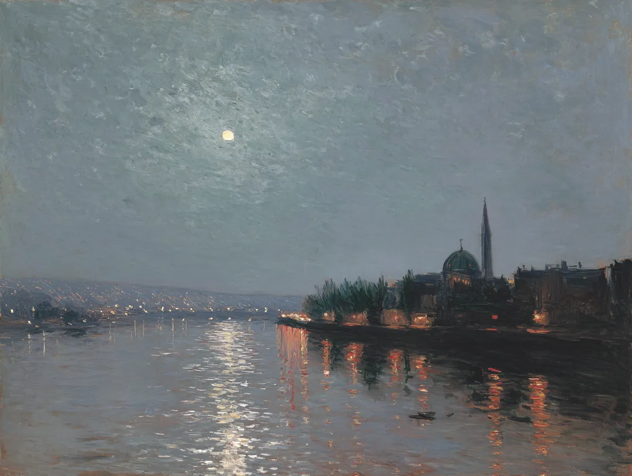 City by the River under Moonlight
