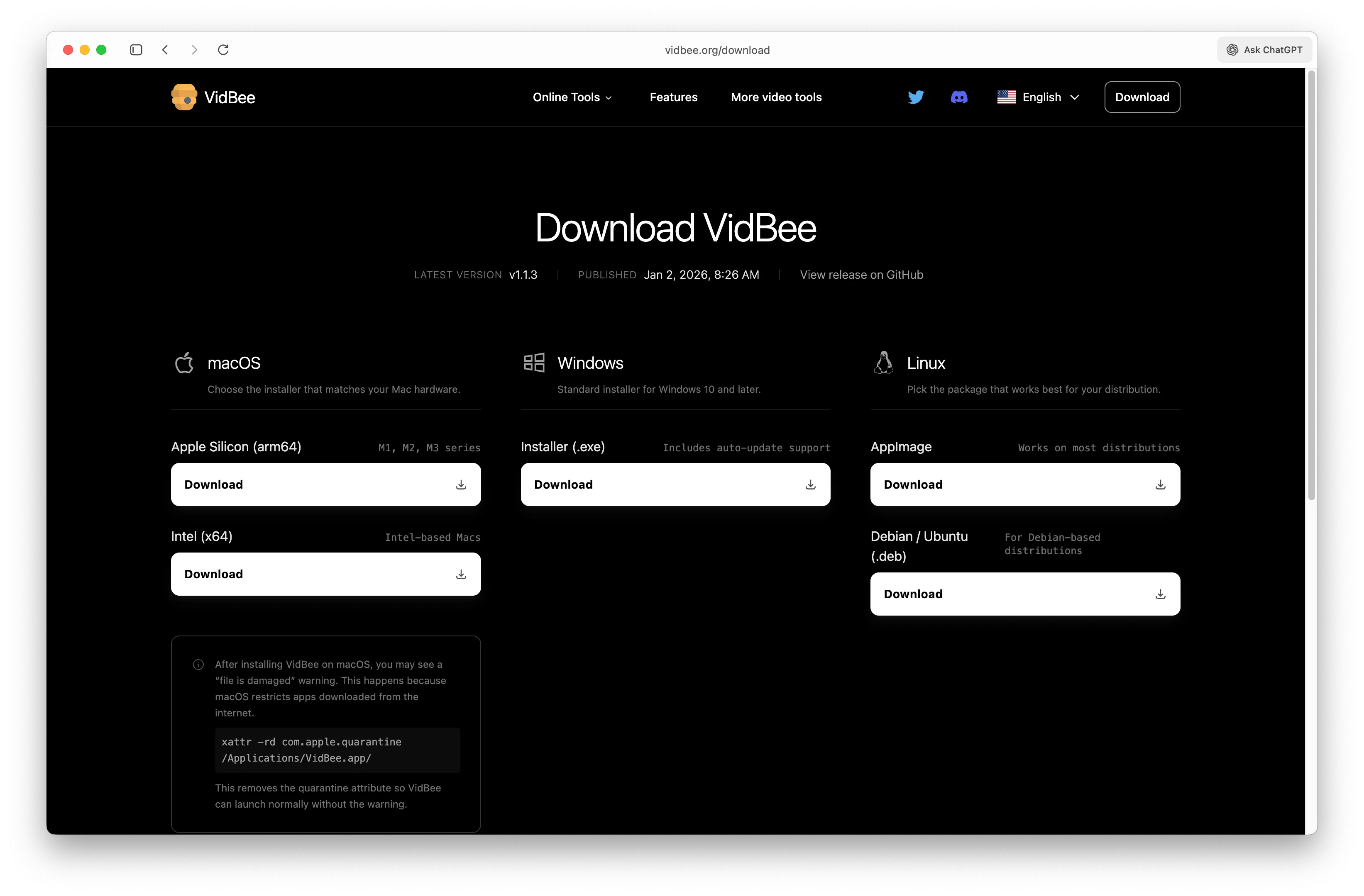 VidBee Download Page