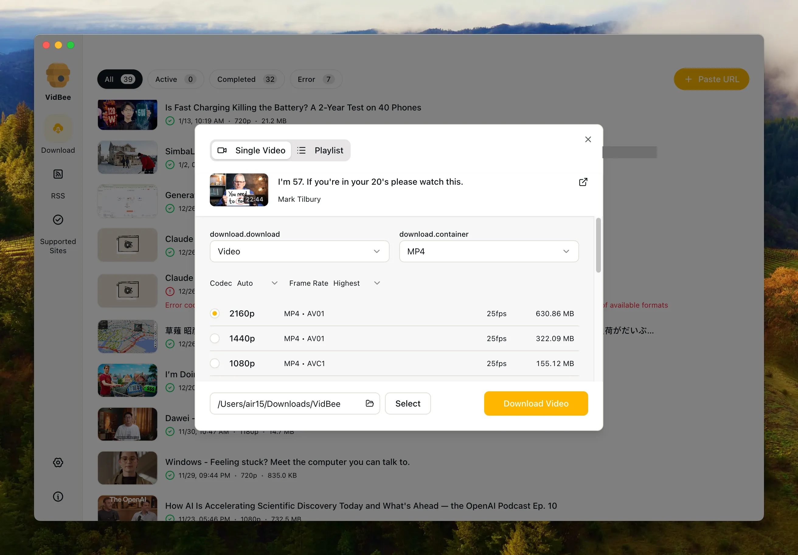 Video Download Settings Interface