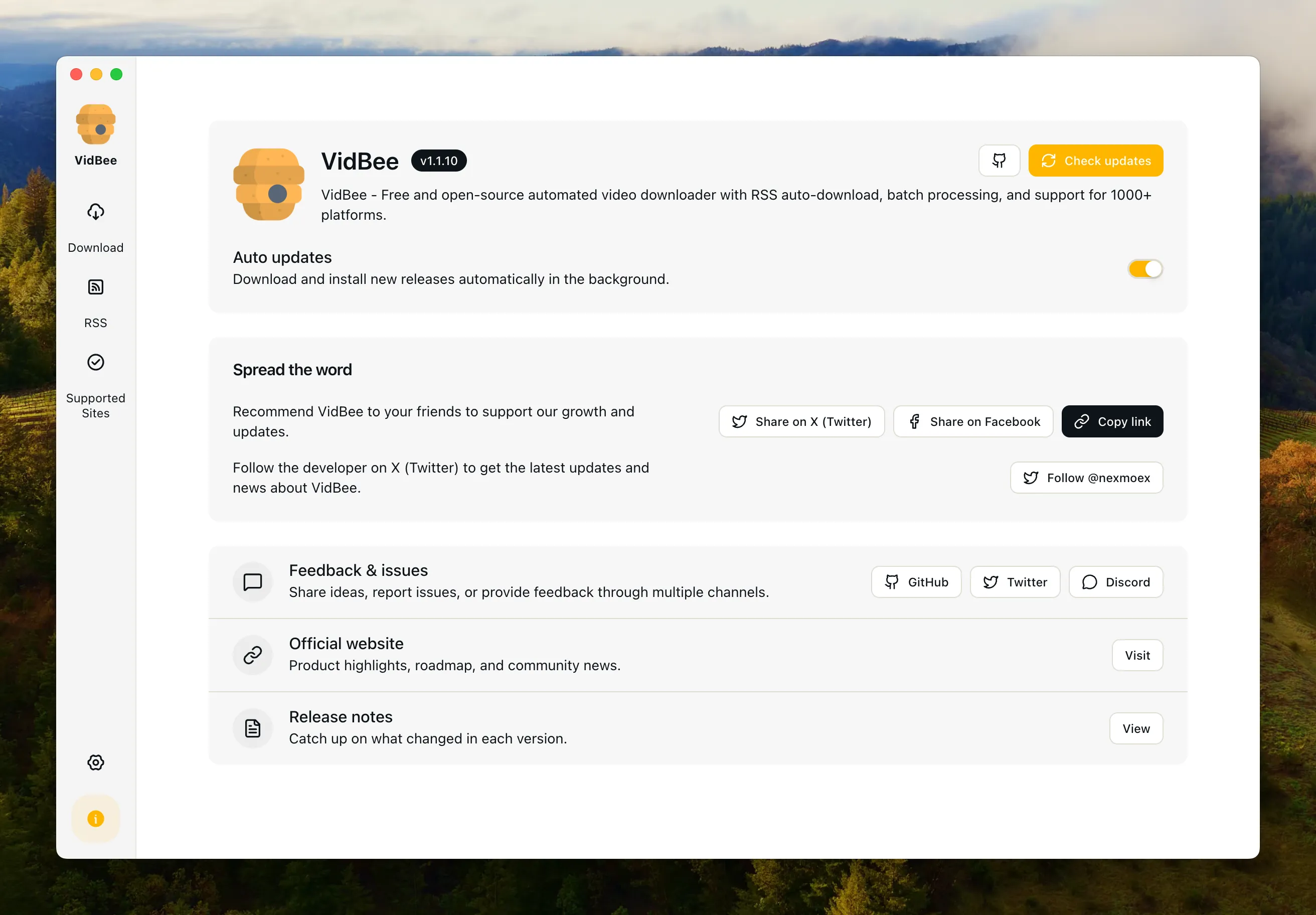 VidBee视频下载器设置界面