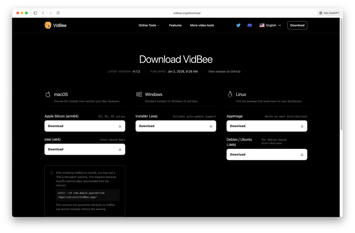 New VidBee Download Page