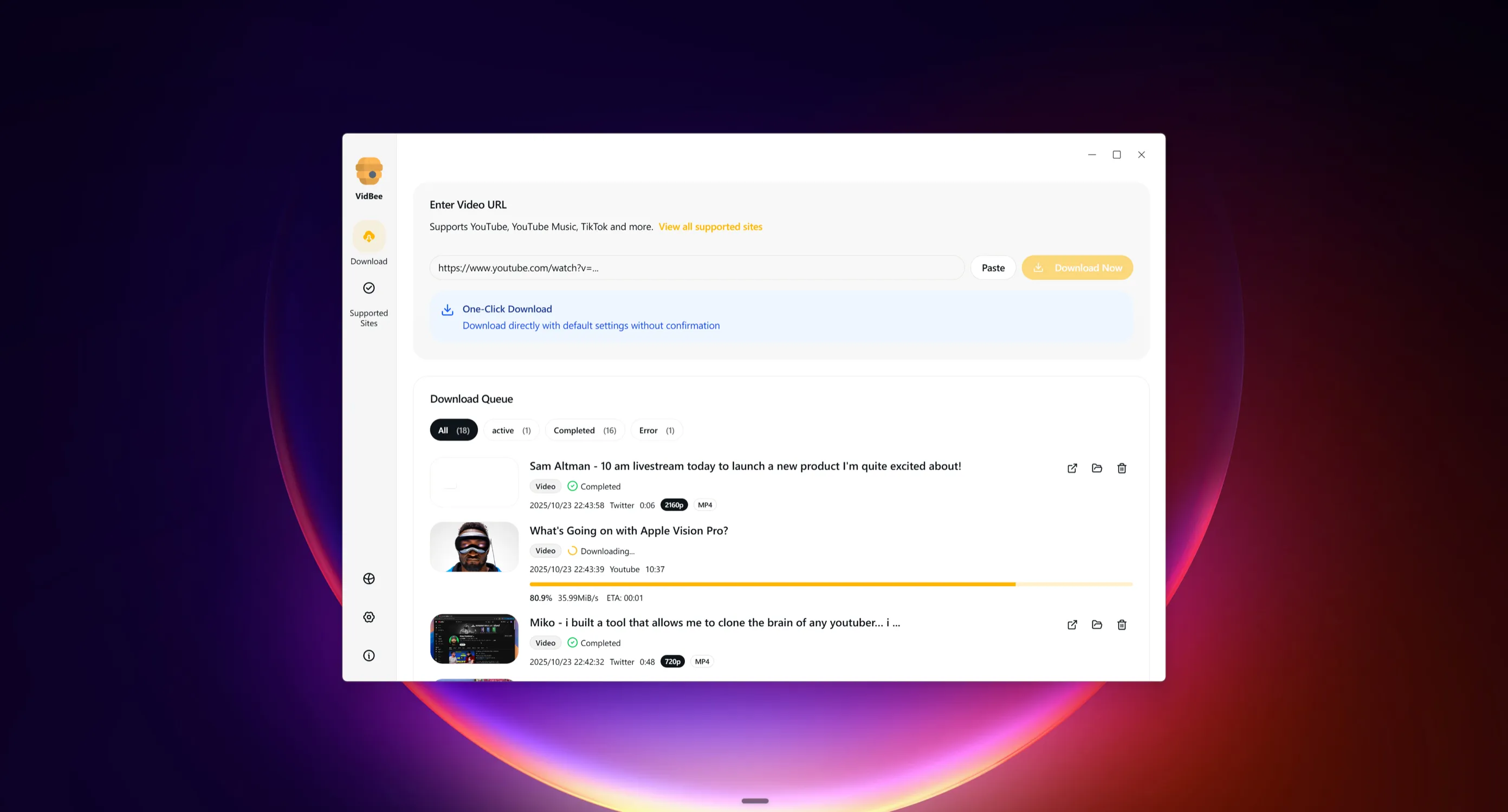 发布了: 前段时间想找个桌面视频下载工具，试了一圈，要么 UI 土得掉渣，要么是纯命令行用着难受。于是干脆自己写了一个。 VidBee 支持 1000+ 网站，重点是——...
