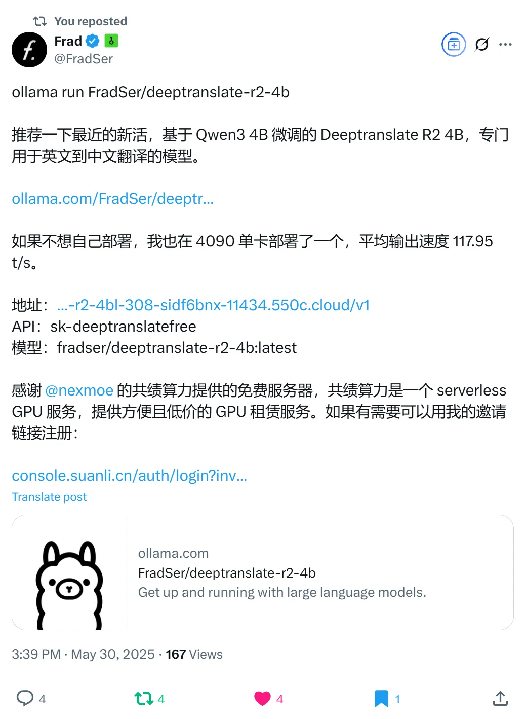 发布了: 有个好兄弟在我们的 Serverless GPU 平台上跑了一个微调模型。专注于翻译，翻译质量杠杠的。 基于 Qwen3 4B 微调，命名为 Deeptranslate R2 4B，专门用...