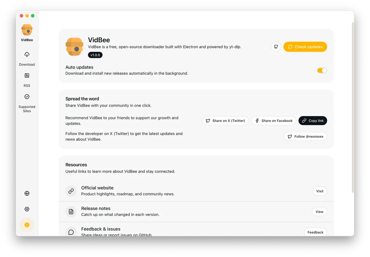 VidBee Downloader About Interface