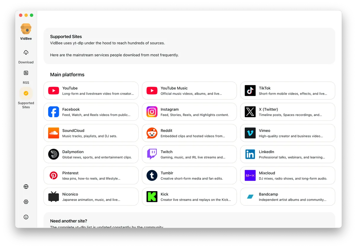 VidBee Supported Sites