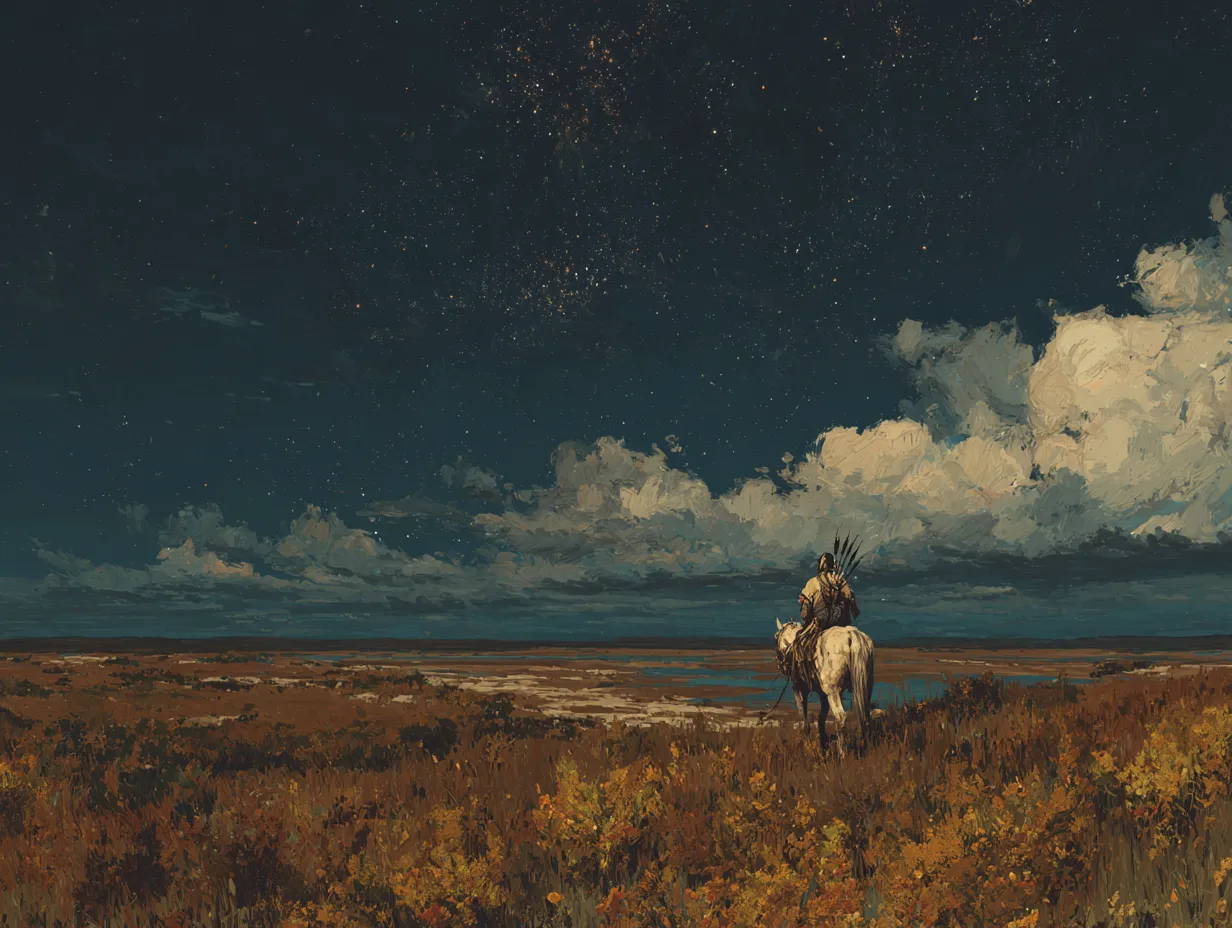 Rider on White Horse in Night Grassland